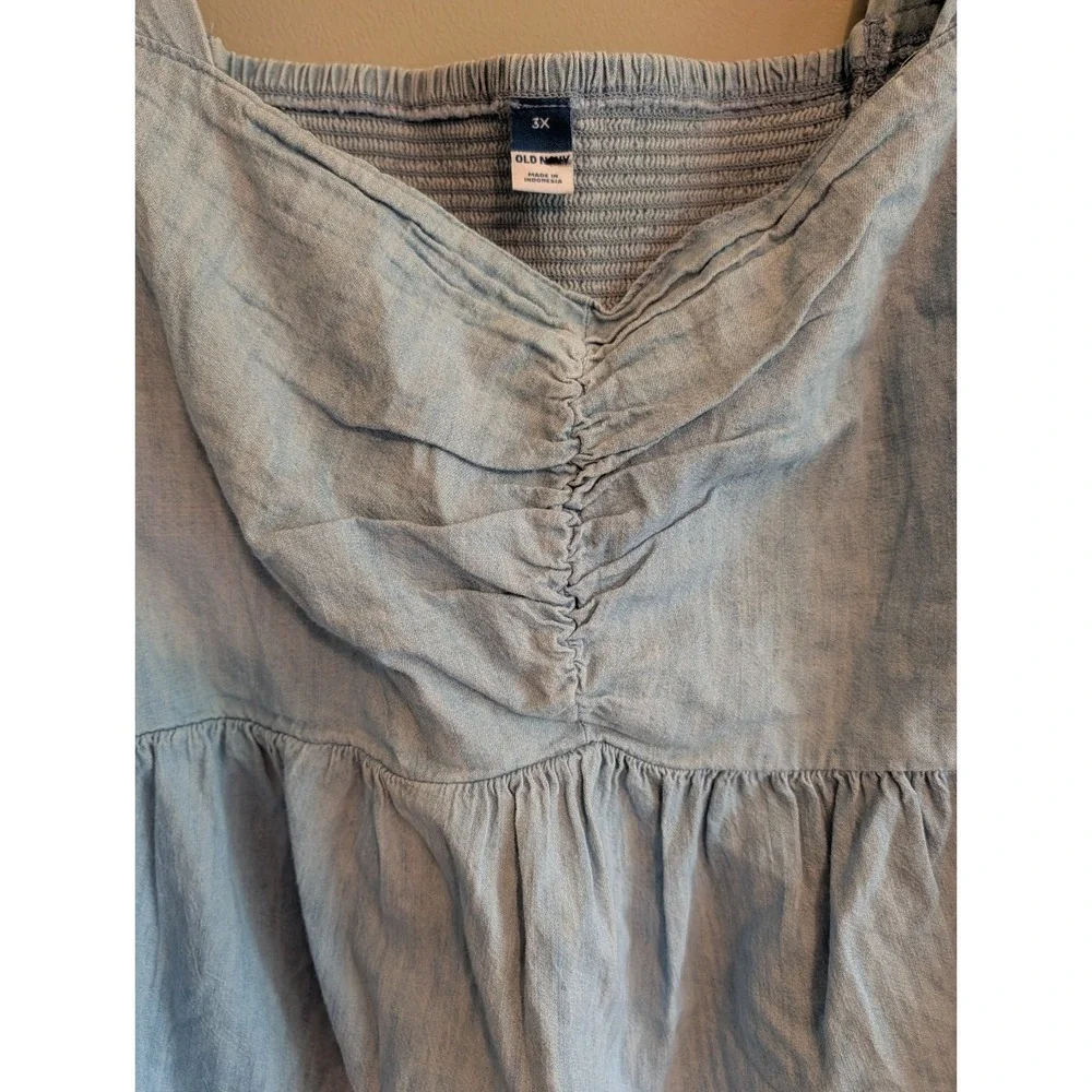 Old Navy 3X Denim Chambray Peasant Top‎ Puff Sleeve Smocked Boho Prairie Cottage